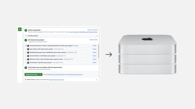Mac mini 3대가 세로로 쌓여있고 자동 테스트를 실행하는 이미지