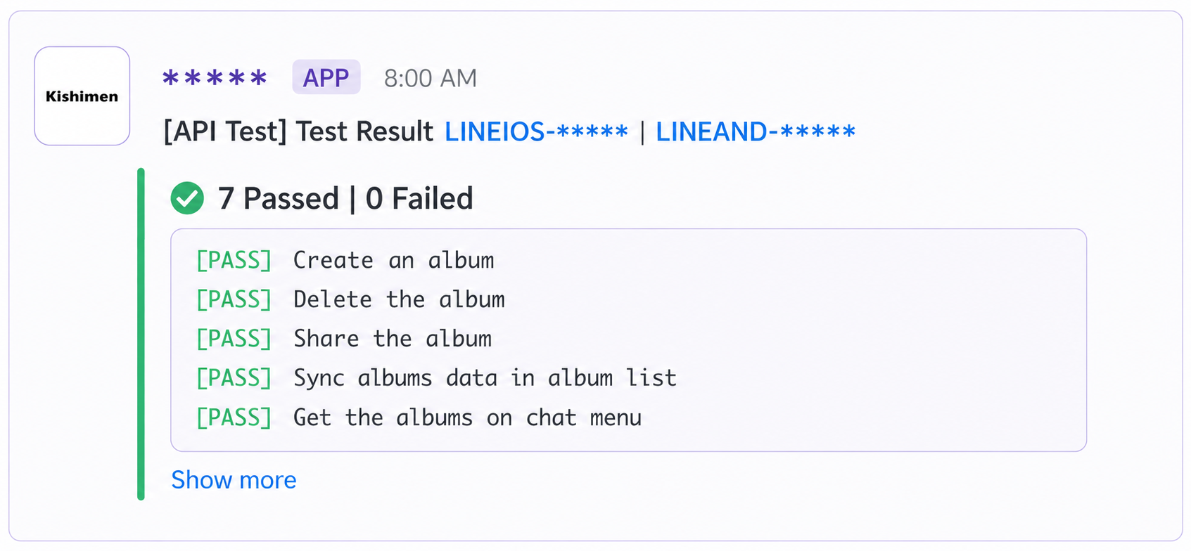 그림 6.LINE Album API 테스트를 실행하고 결과를 Slack으로 통지