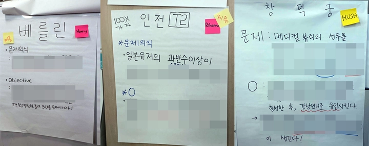 첫 얼라인먼트데이 현장. 커다란 전지에 스쿼드 Objective를 적어서 각 스쿼드 리드가 발표했어요.