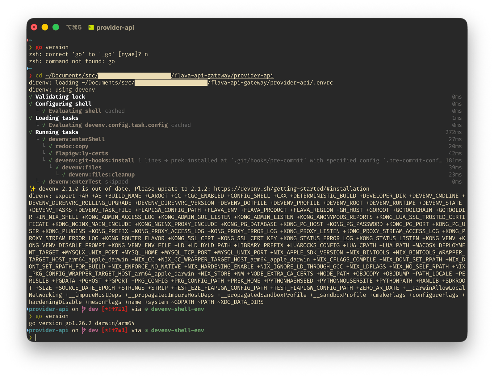 direnv detecting a directory change and automatically loading the dev shell