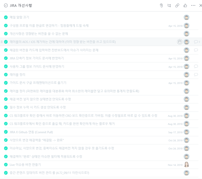 JIRA 개선사항. 현재까지 총 완료된 항목은 20건이다.